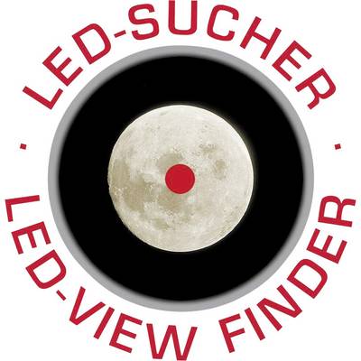 Potpuni mjesec s crvenom točkom u sredini, okružen kružnicom s tekstom 'LED-tražilo - LED-View Finder'.