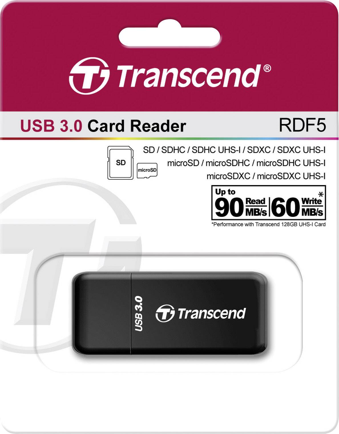 Transcend USB 3.0 čitač kartica RDF5 u pakiranju, navedeni kompatibilni formati kartica. Brzina: čitanje do 90 MB/s, pisanje do 60 MB/s.