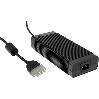 Crni napajanje s rebrasto kućištem i kabelskim priključkom, vjerojatno prikladno za elektroničke uređaje ili prijenosna računala.