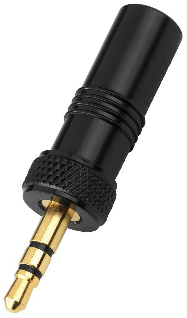 Crni audio adapter s 3,5-mm utikačem, uobičajeno korišten za priključivanje slušalica ili audio uređaja.