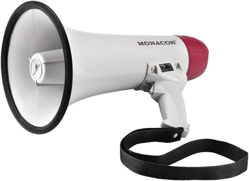Megafon s crvenom ručkom i crnom trakom za nošenje, model 'Monacor' ispisan bijelo na kućištu.