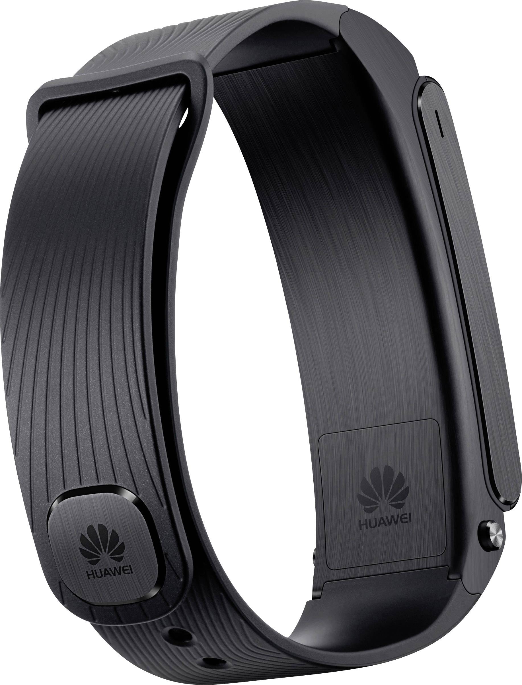 Crna narukvica s Huawei logotipom, glatkog i minimalistički dizajniranog izgleda, podesna za pametni sat ili fitness tracker.