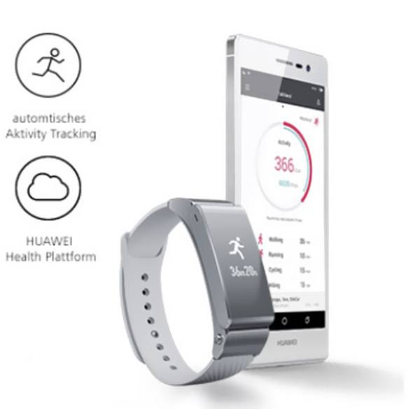 Pametni telefon i fitness narukvica sa zaslonom aplikacije za praćenje aktivnosti; prikazuje korake i druge zdravstvene podatke na HUAWEI Health platformi.
