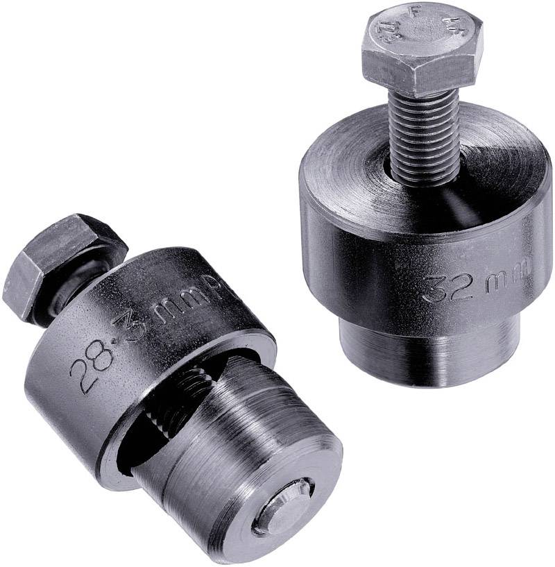 Dva metalna alata, jedan s natpisom '28 mm', drugi '32 mm'. Oba se sastoje od vijka i košuljice, za montažu matice.