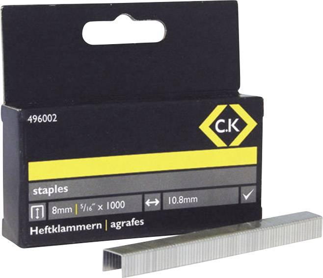 Paket spajalica marke C.K. sadrži 1000 komada, duljine 8 mm, pogodnih za uređaje širine 10,8 mm.