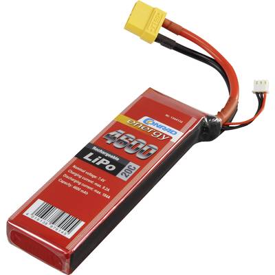 Crveni LiPo akumulator oznake '4500mAh', '7.4V 2S1P'. Ima žuti priključni kraj i kablove s priključcima.