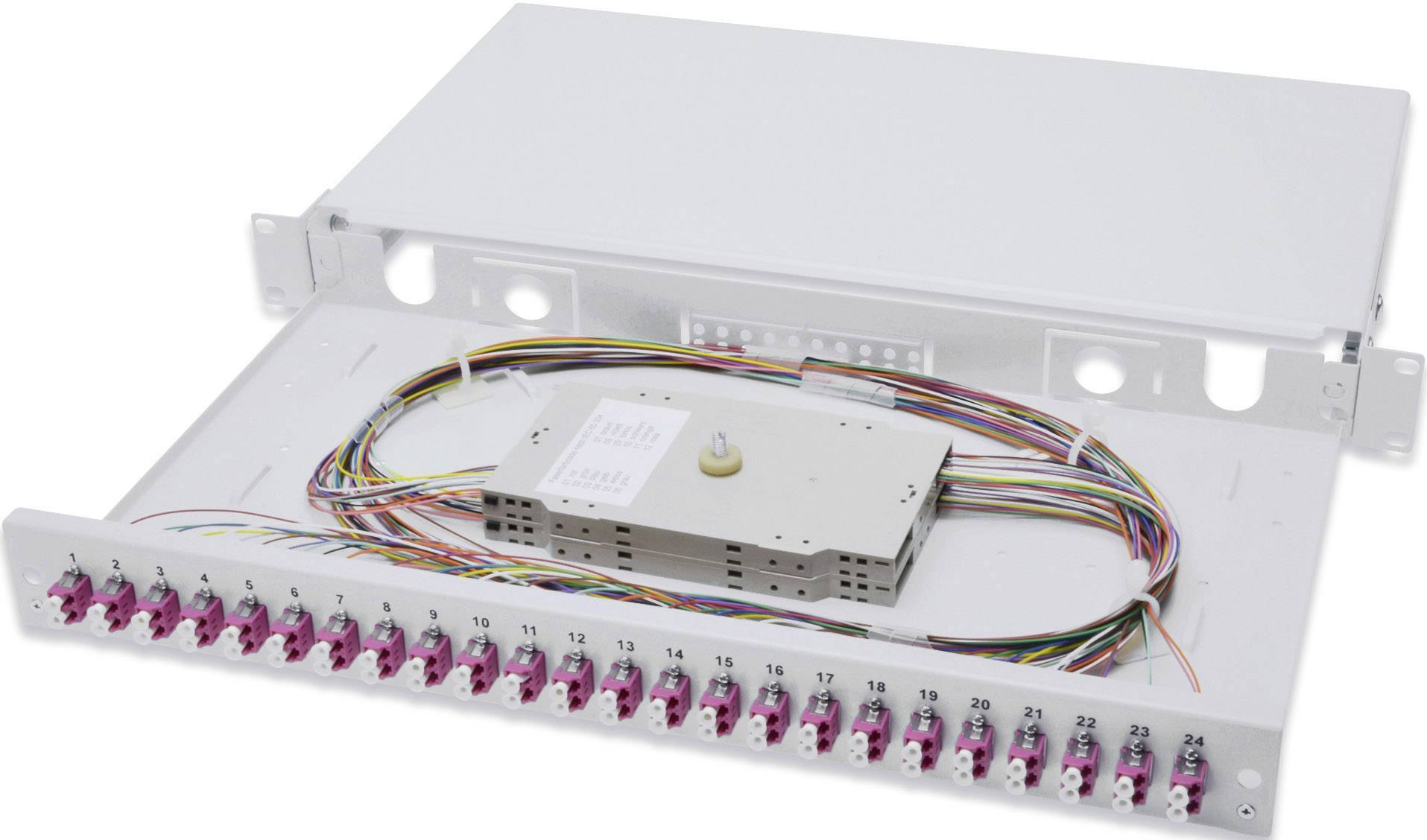 LWL-patch panel s otvorenim kućištem, prikazuje numerirane priključke i šarene kabele.