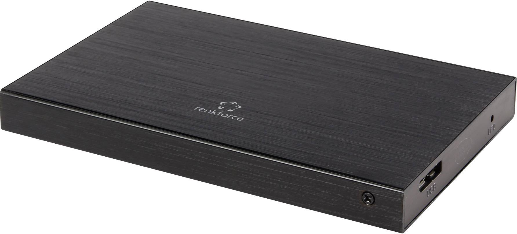 Crni vanjski kućište za tvrdi disk s USB priključkom, označeno markom 'renkforce'. Pogodan za sigurnosno spremanje ili proširenje memorije.