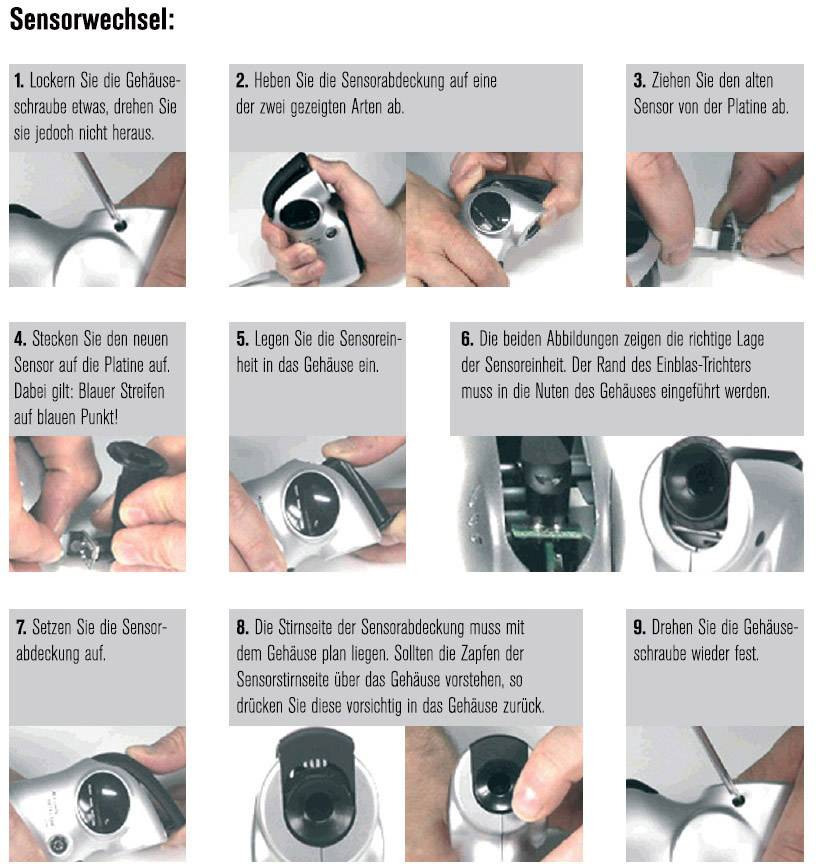 Uputa za zamjenu senzora: Koraci 1 do 9 s prikazima koji ilustriraju uklanjanje i postavljanje senzora u kućište.