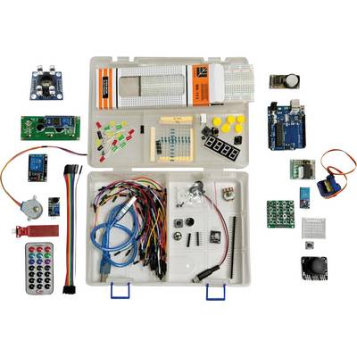 'Elektronički projektni set sa senzorima, kabelima, LED lampicama i mikrokontrolerom, složen u otvorenom kovčegu.'