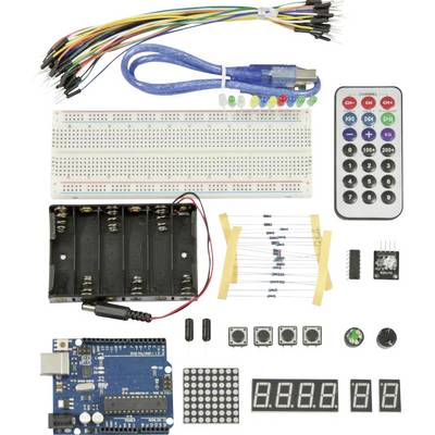 Arduino set s testnom pločicom, kabelima, LED indikatorima, infracrvenom daljinskim upravljačem, tipkama, prostorom za baterije, senzorima i kabelima.