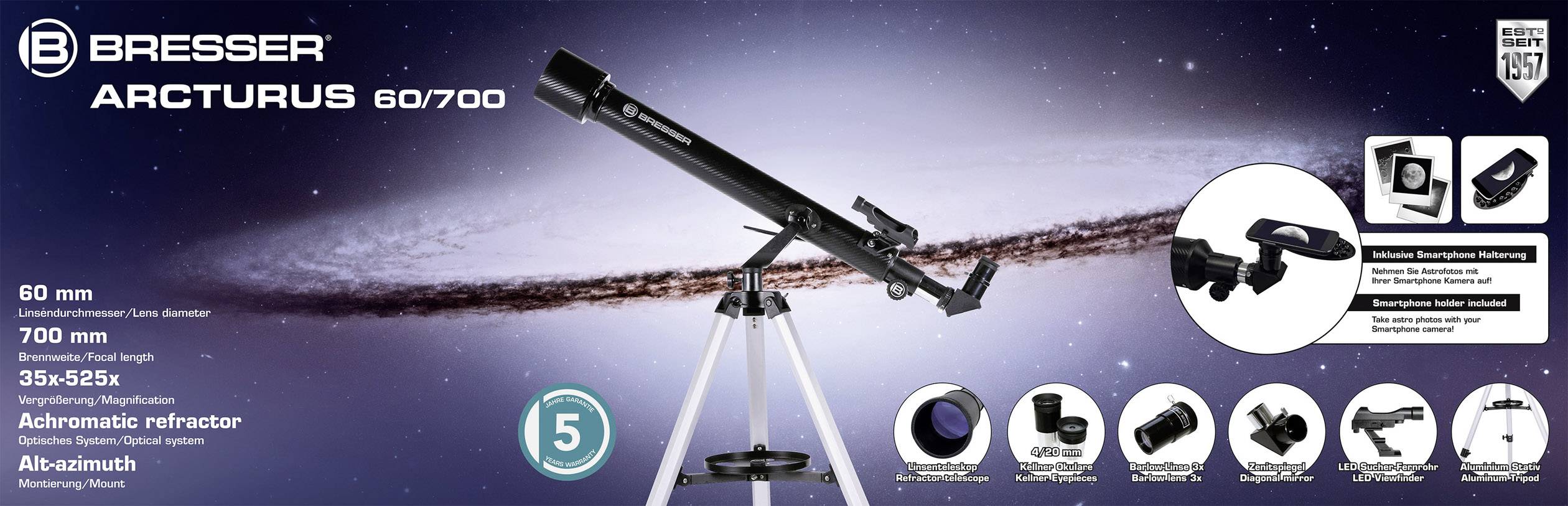 Teleskop sa stalkom na pozadini svemira. Tekst opisuje: 'Bresser Arcturus 60/700', otvor od 60 mm, povećanje 35-262x.