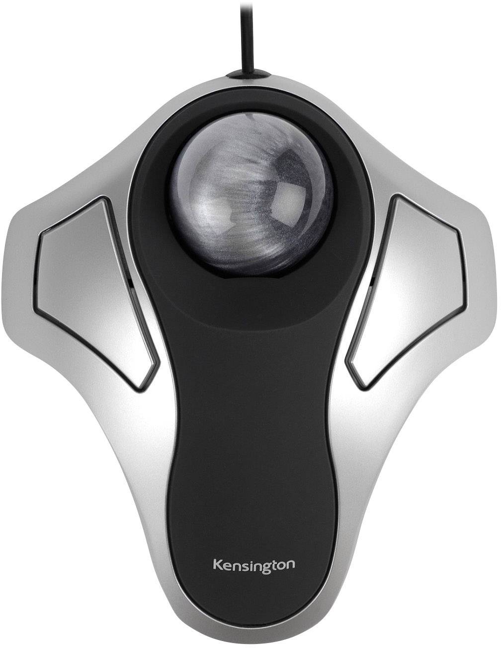 Slika prikazuje ergonomski, žičani trackball miš s dvije tipke tvrtke Kensington. Miš je srebrne boje s crnom površinom.