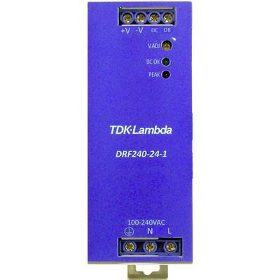 Plavi TDK-Lambda mrežni napajač DRF240-24-1, ulaz 100-240VAC, DC OK i PEAK LED-ice, priključci gore i dolje.