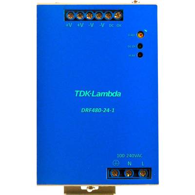 Plavi mrežni napajački modul 'TDK-Lambda DRF480-24-1' s indikatorskim lampicama za napon i dijagnostiku kvarova, ulaz 100-240VAC.