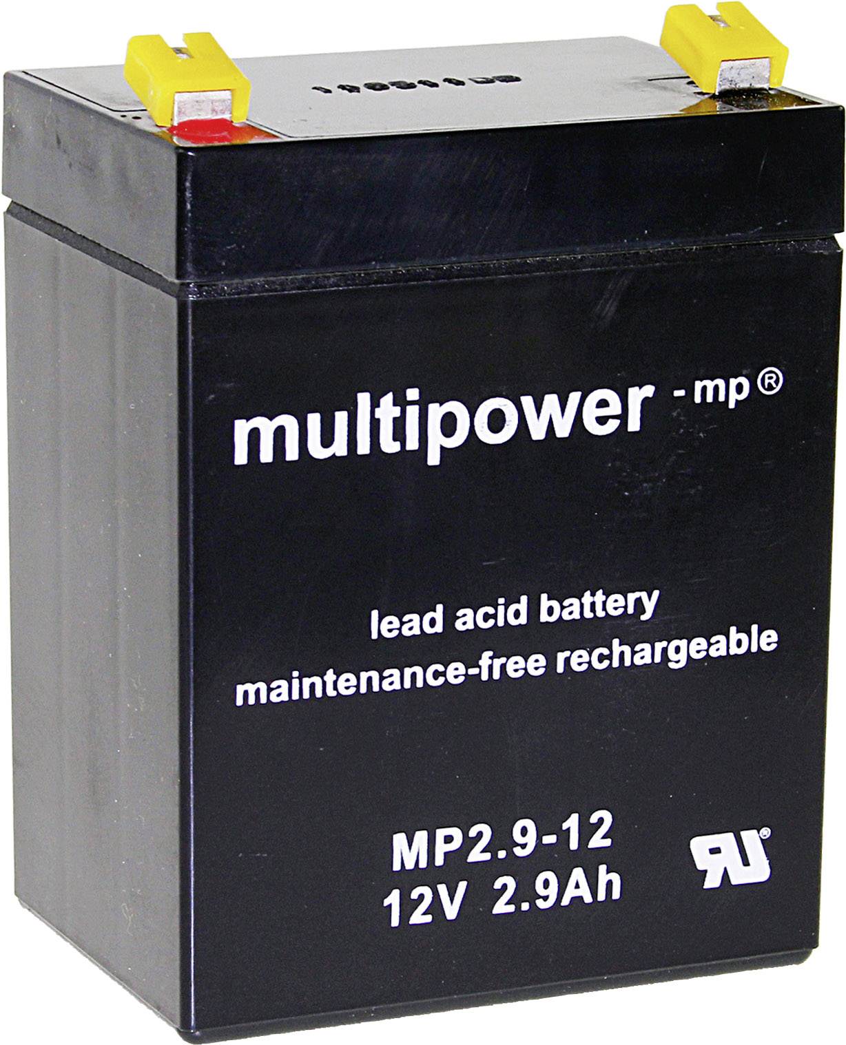 Crna olovno-kiselinska baterija s natpisom 'multipower - mp', 'olovnokiselinska baterija, baterija koja ne zahtijeva održavanje, punjiva', 'MP2.9-12, 12V 2.9Ah'.