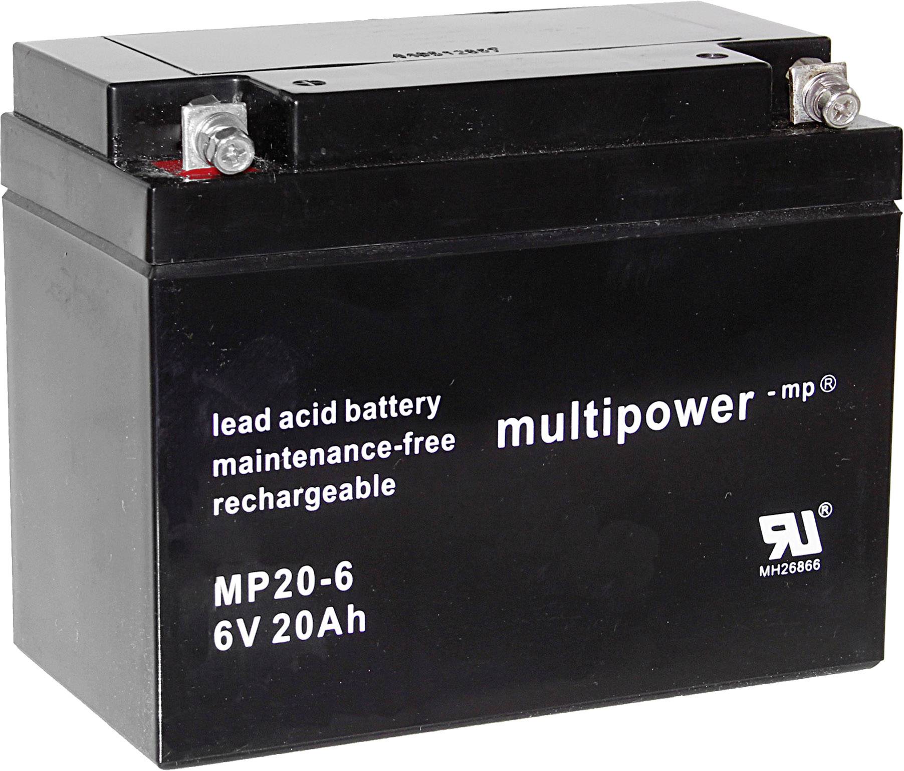 Crna olovni-kiselinski akumulator s natpisom 'multipower - mp®, bez potrebe održavanja, punjiv' i 'MP20-6, 6V 20Ah'.