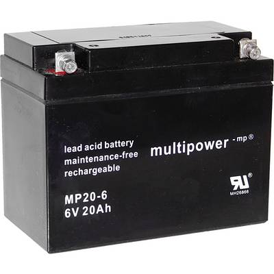 Crna olovni-kiselinski akumulator s natpisom 'multipower - mp®, bez potrebe održavanja, punjiv' i 'MP20-6, 6V 20Ah'.