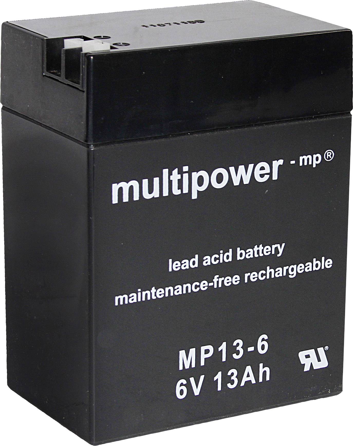 Multipower olovno-kiselinski akumulator, bez potrebe za održavanjem, punjiv, model MP13-6, napon 6V, kapacitet 13Ah. Crućno kućište s natpisom.