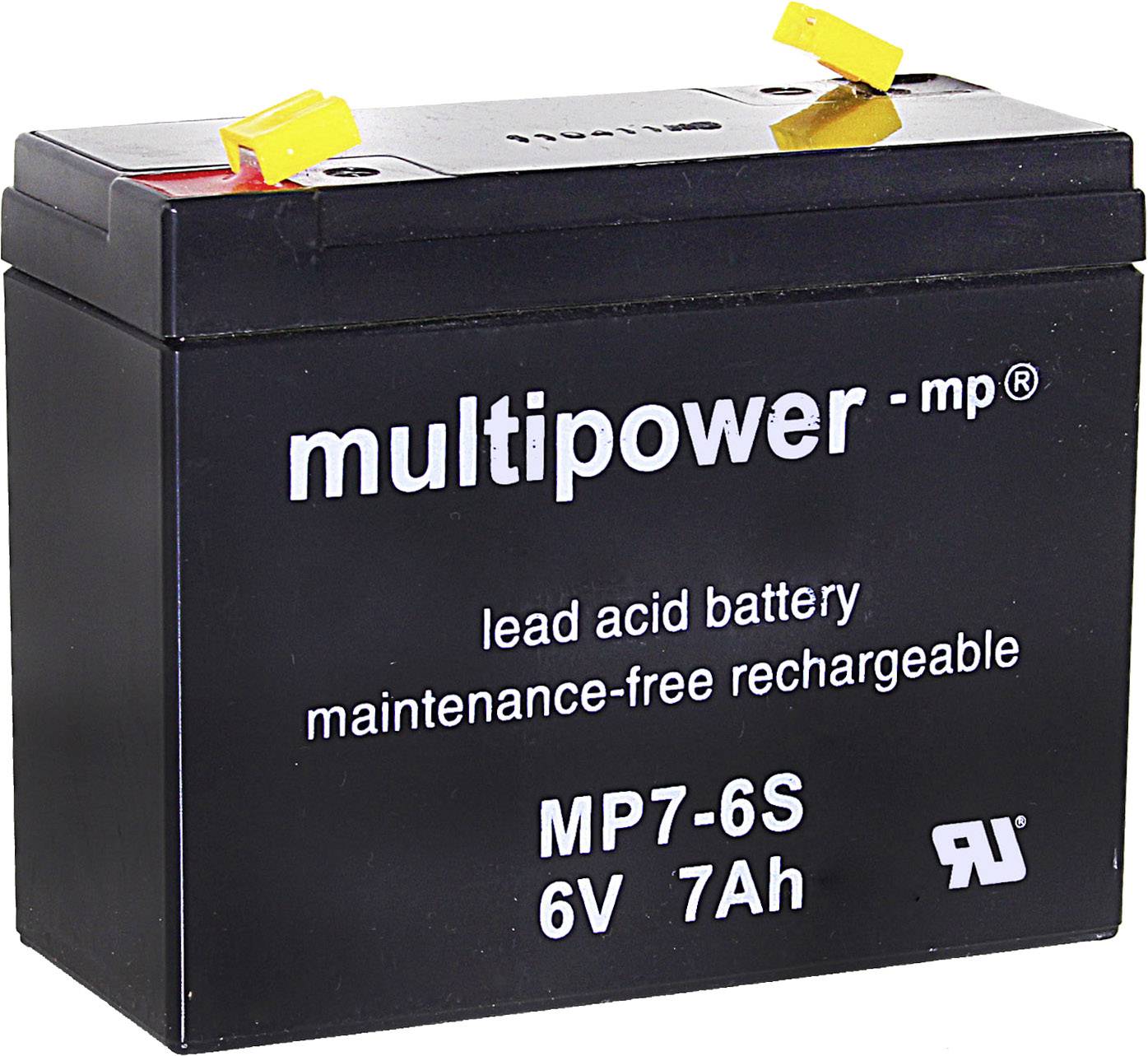 Crna olovno-kiselinska baterija s natpisom 'multipower - mp, MP7-6S, 6V, 7Ah', bez potrebe za održavanjem, punjiva.