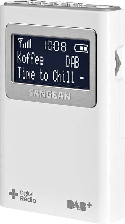 Prijenosni DAB+ digitalni radio tvrtke SANGEAN na zaslonu prikazuje 'Kaffee Time to Chill'. Vrijeme je 10:08, indikator baterije je pun.