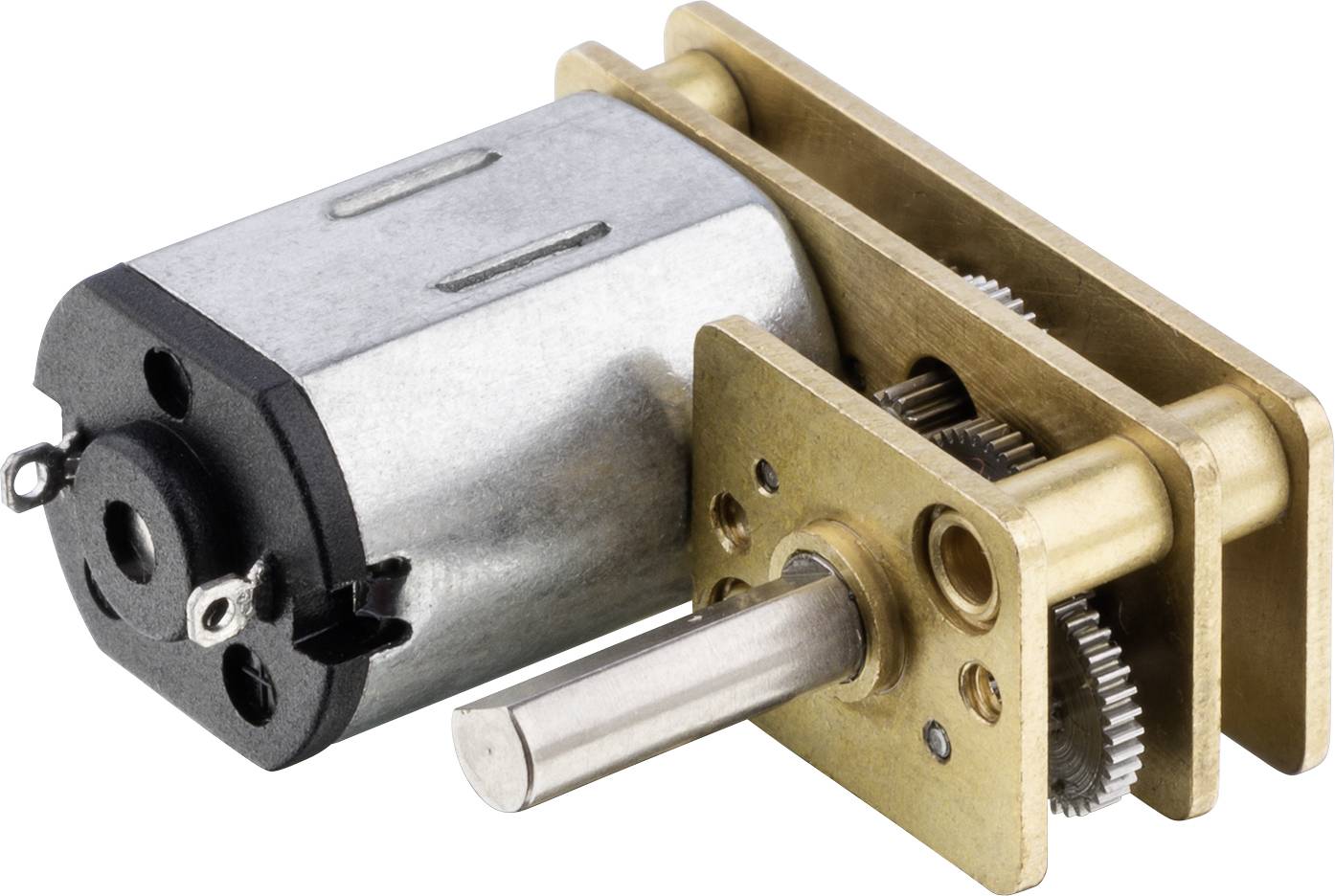 Mali istosmjerni elektromotor s metalnim prijenosom. Motor je kompaktan i ima cilindrično kućište koje je povezano s zupčanicima.