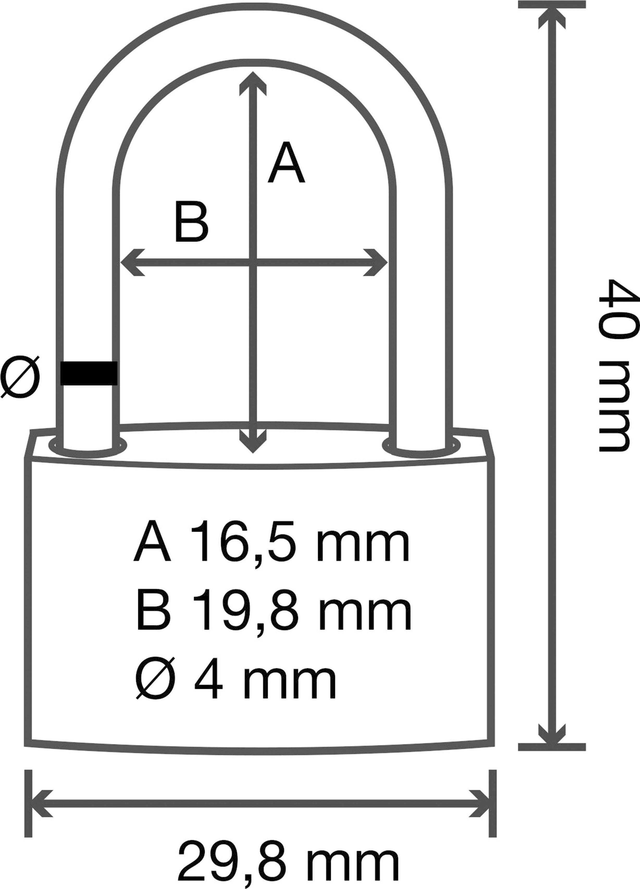 Prikaz viseće brave s dimenzijama: A 16,5 mm, B 19,8 mm, promjer 4 mm; ukupna visina 40 mm, širina 29,8 mm.