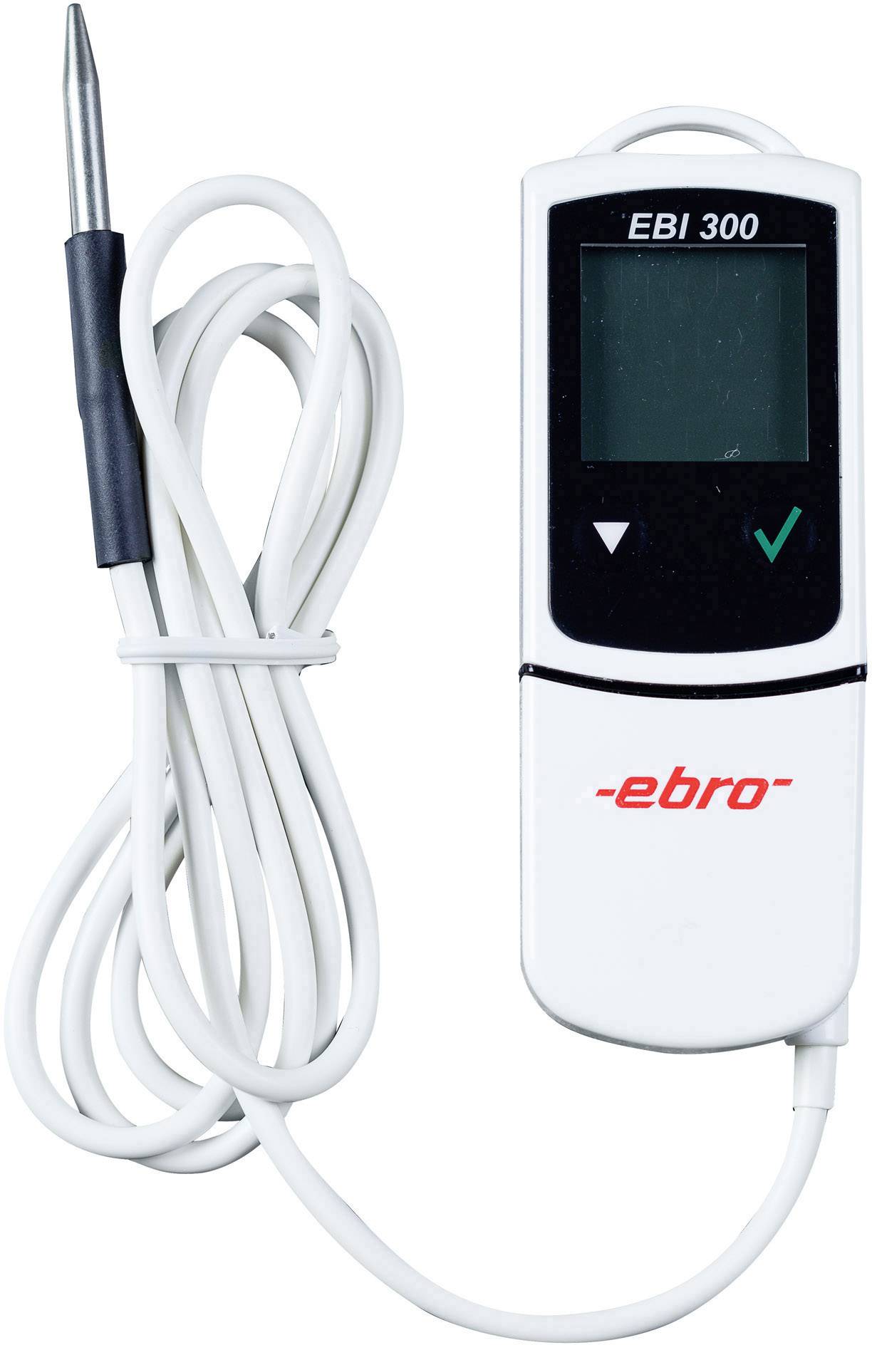 Digitalni termometar s kabelskom sondom, model 'EBI 300', prikazan je. Ima display i logo marke 'ebro' na prednjoj strani.