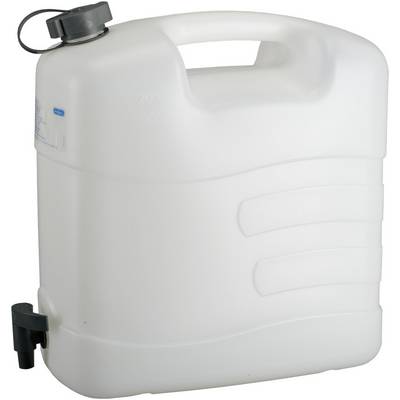 Bijeli plastični kanister s ručkom na vrhu i ventilom za istakanje na dnu. Zapremnina od 20 litara.