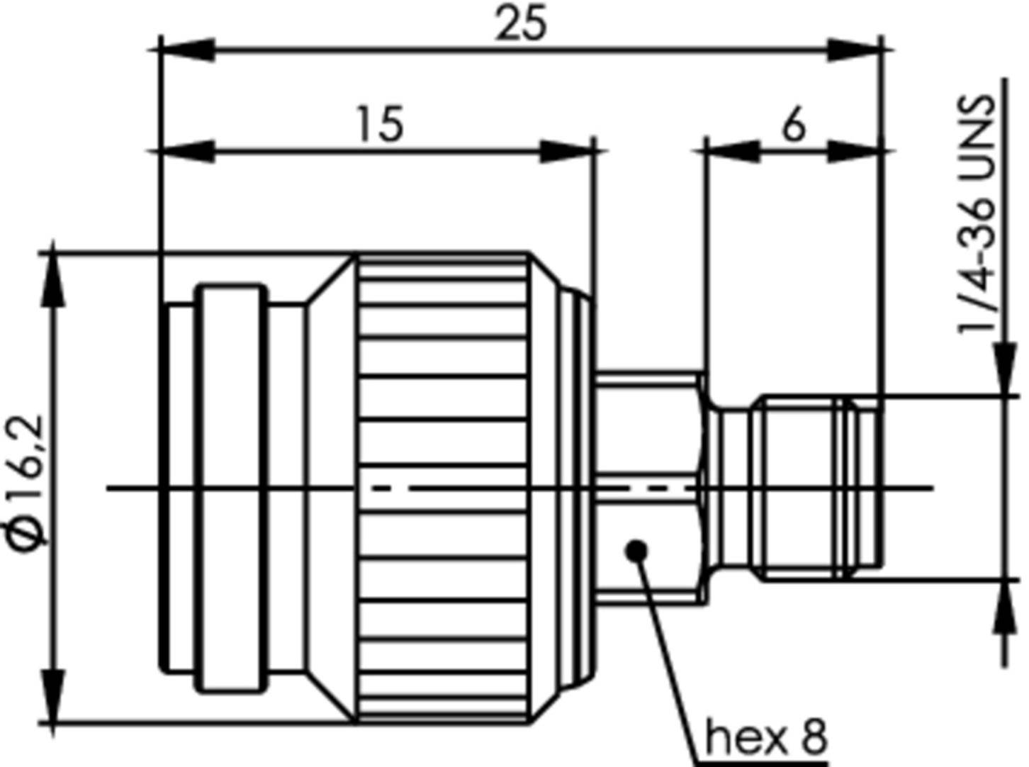 Tehnički nacrt priključnog komada s mjerama: 25 mm duljina, 16,2 mm promjer, 1/4-36 UNS navoj. Šesterokut 8 mm.