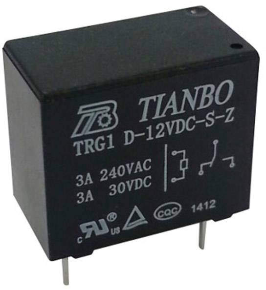 Crni TIANBO relej modul s natpisom 'TRG1 D-12VDC-S-Z', pogodan za 3A pri 240VAC ili 30VDC, dva priključna pina.