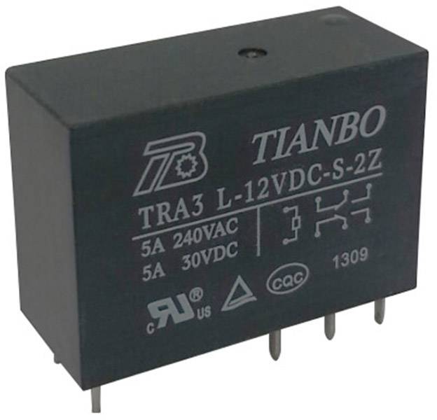 Crni pravokutni elektronički relej s natpisom 'TIANBO TRA3 L-12VDC-S-2Z', tehničkim specifikacijama i logotipovima.