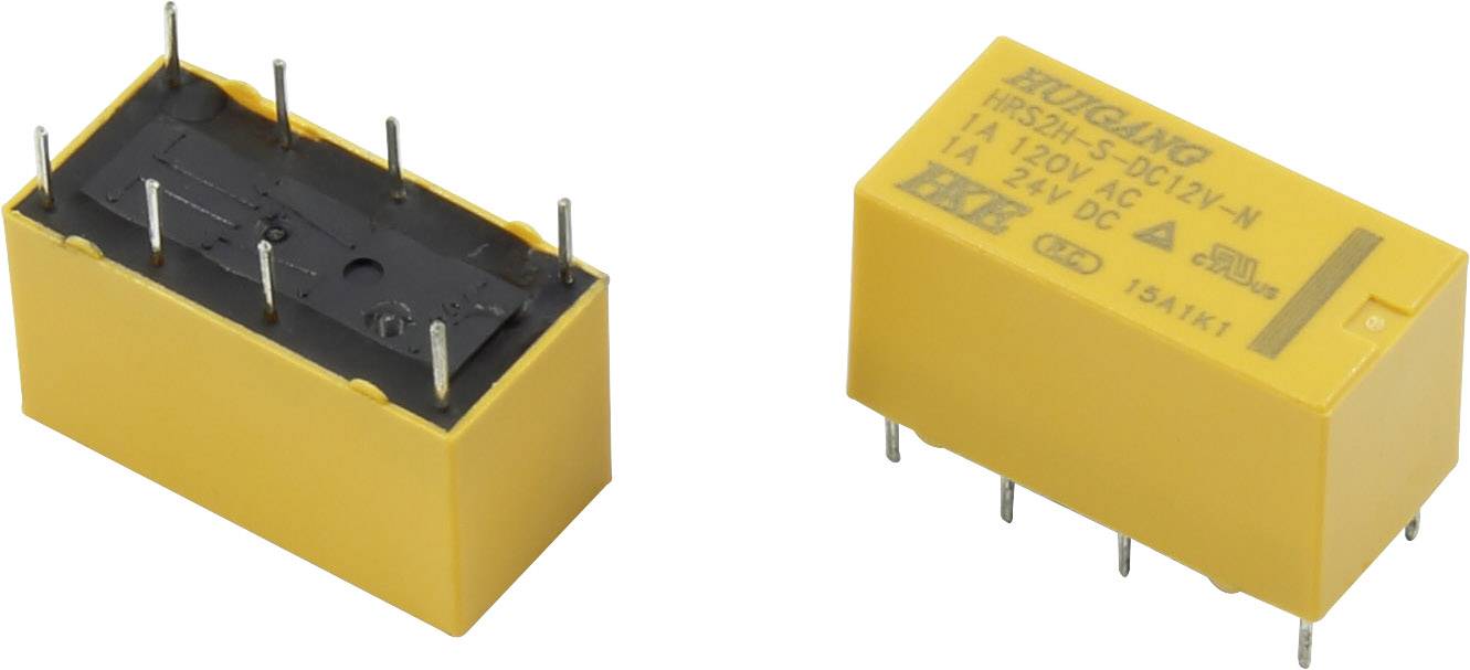 Dva žuta releja s više pinova; jedan prikazuje gornju stranu, drugi stranu s natpisom 'HUIKEG HRS3H-S-DC12V-H'.