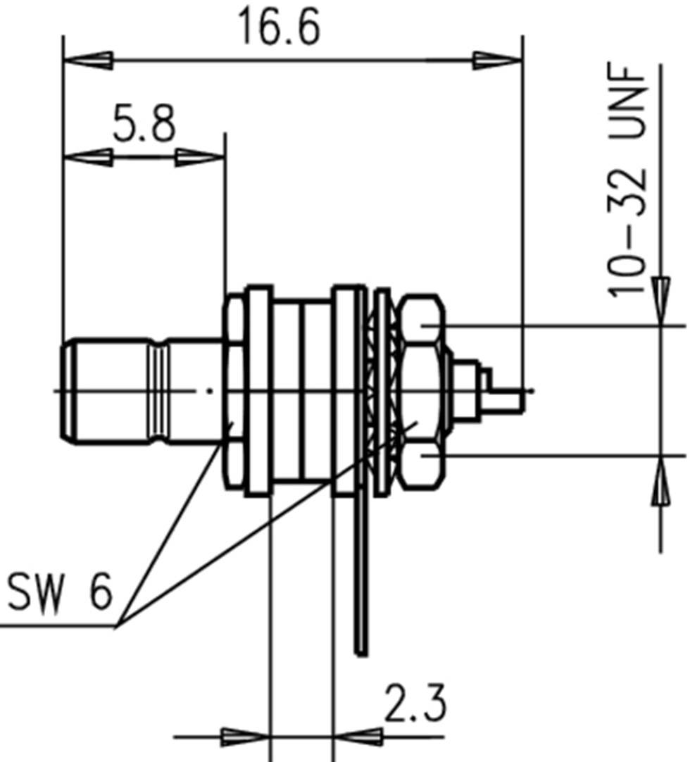 Tehnički nacrt konektora s dimenzijama: ukupna duljina 16,6 mm, veličina navoja 10-32 UNF, širina ključa SW 6.