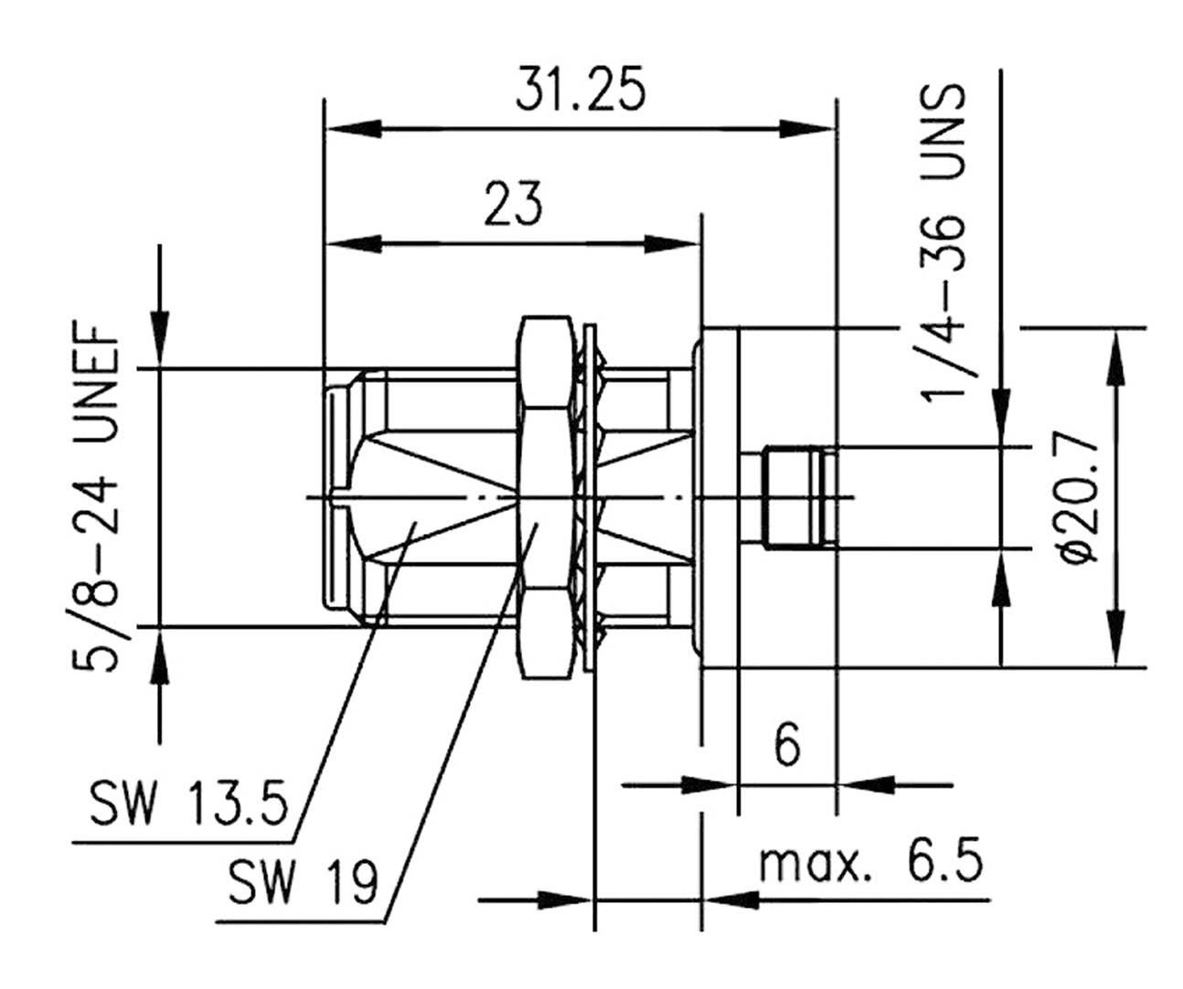 Tehnički nacrt cilindričnog dijela s dimenzijama. Detalji navoja: '5/8-24 UNEF' i '1/4-36 UNS'. Promjer: 20,7 mm.