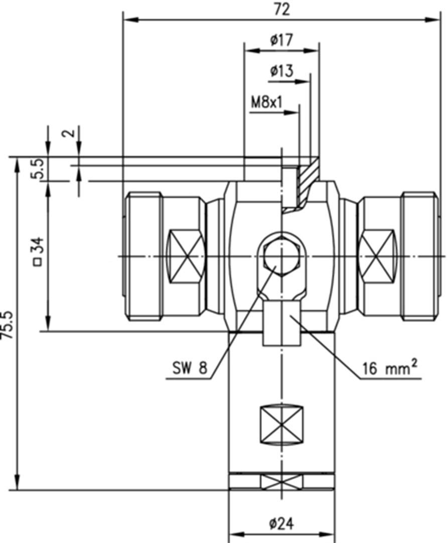 Tehnički nacrt T-komada s mjerama: 72 mm širina, 75,5 mm visina, navoj M8x1, promjer 24 mm, poprečni presjek 16 mm².
