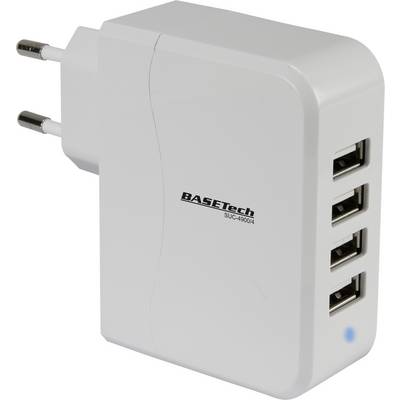 Bijeli USB punjač s četiri USB priključka i utičnicom kompatibilnom za europsko tržište, naziv marke vidljiv u sredini.