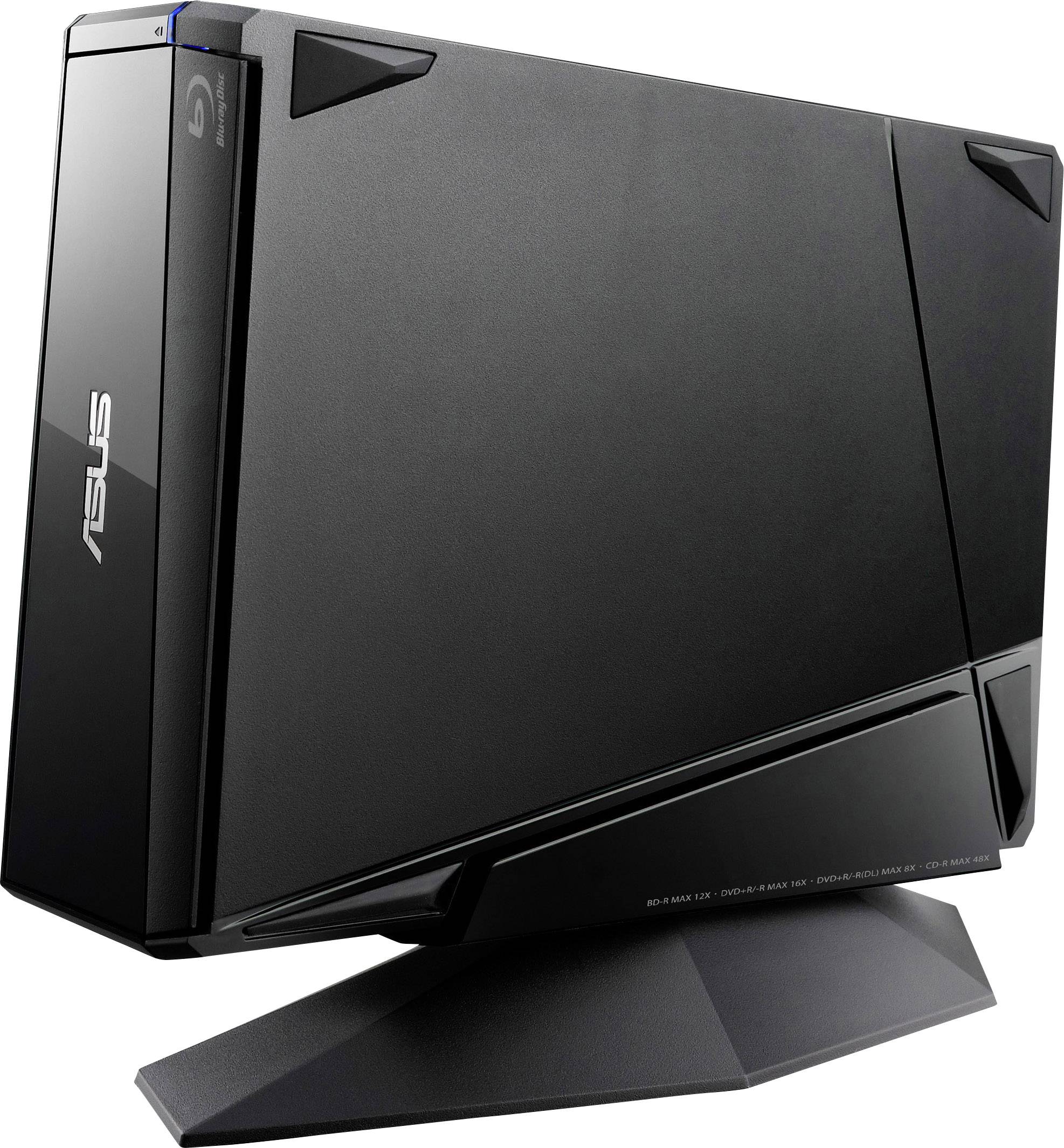Crni, vitak vanjski disk marke Asus u modernom dizajnu, postavljen vertikalno.