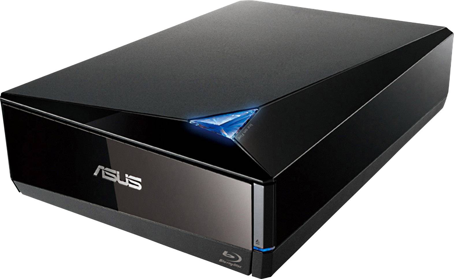 Crni ASUS Blu-ray uređaj za čitanje s modernim dizajnom i plavom LED svjetiljkom na vrhu.