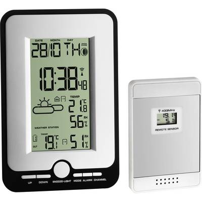 Digitalni termometar s datumom, satom i vremenskom prognozom: Temperatura 21°C, vlažnost zraka 56%. Vanjski senzor pokazuje 19,5°C.