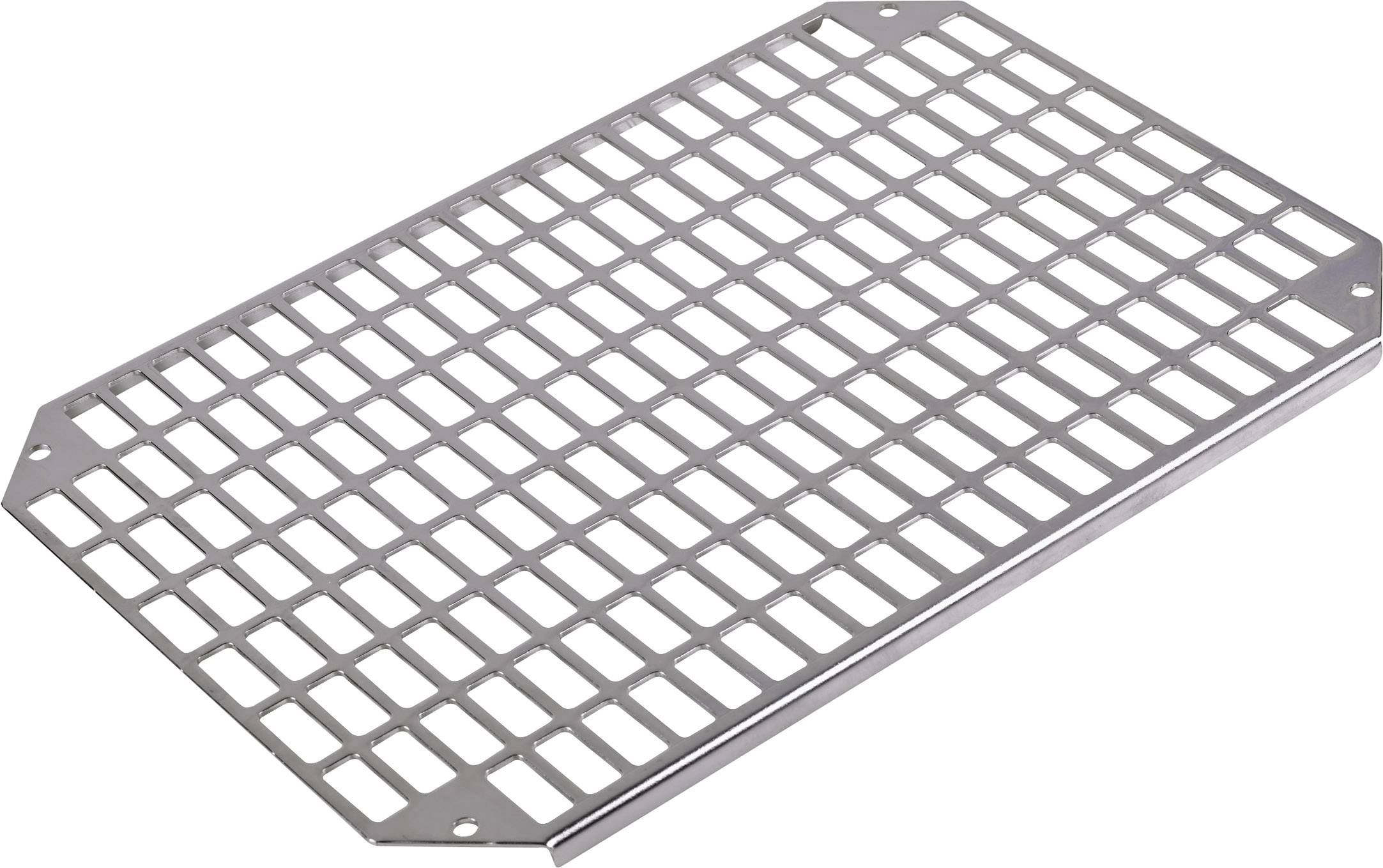 Metalna rešetka s pravokutnim otvorima, vjerojatno korištena kao zaštitna ili ventilacijska rešetka.