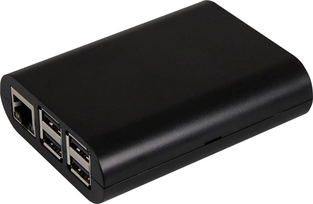 Mali crni računar s nekoliko USB priključaka i Ethernet portom sa strane, na bijeloj pozadini.