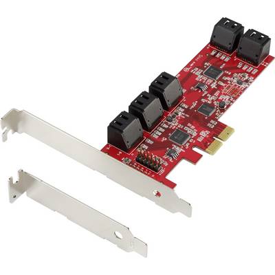 Crvena PCIe proширна kartica s pet crnih SATA priključaka i elektroničkim komponentama na bijeloj podlozi.