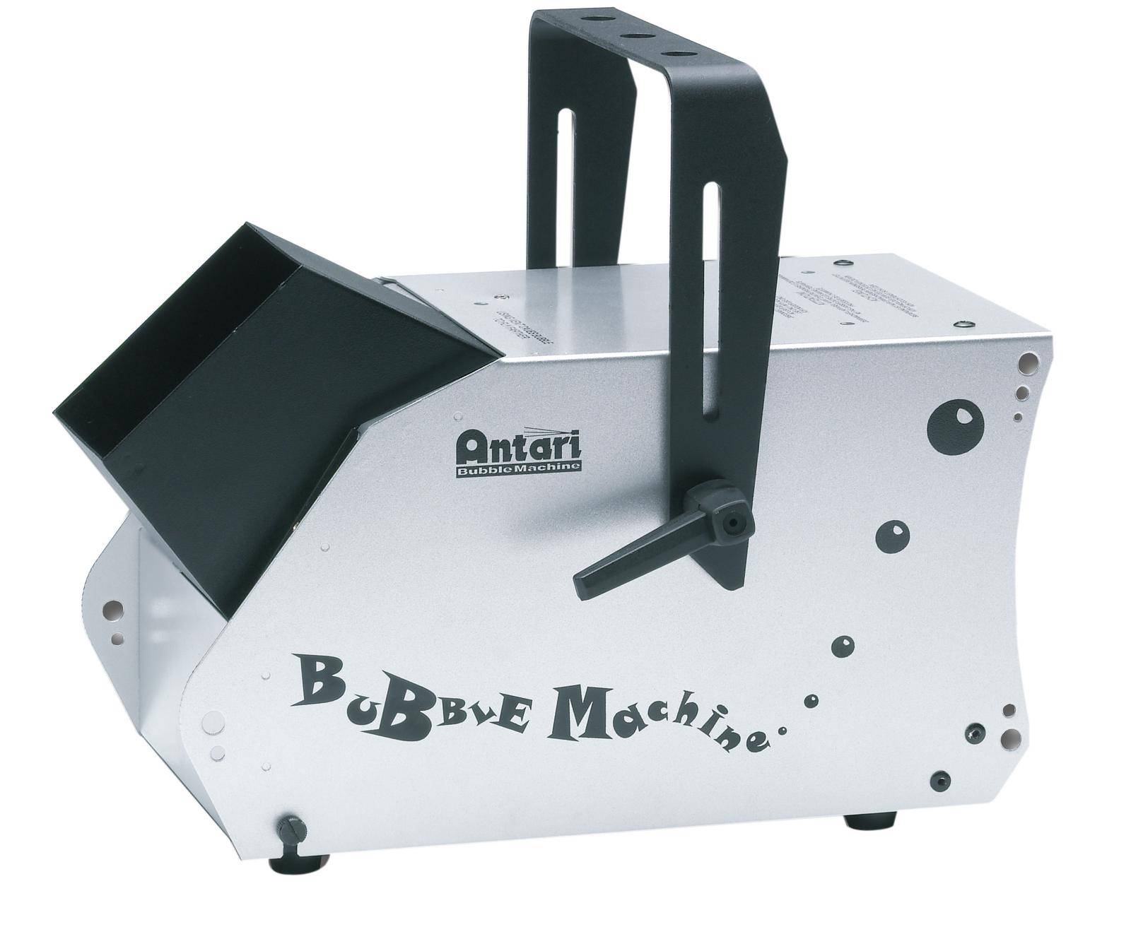 Srebrni stroj za pravljenje mjehurića s natpisom 'Bubble Machine'. Ima ručku za nošenje i crni otvor za ispuštanje mjehurića.