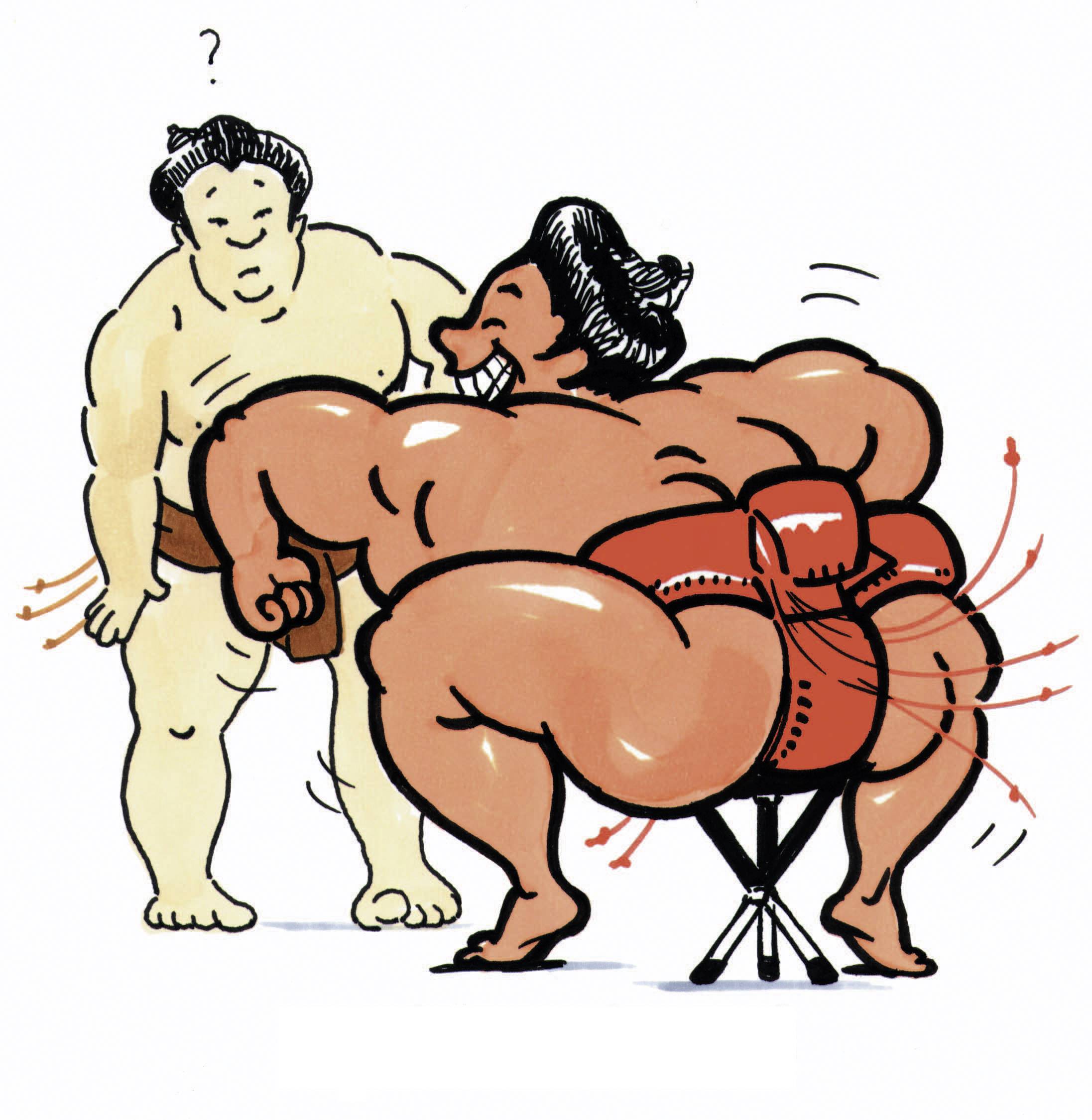 Sumo-hrvač s obloženim odjelom zadaje iznenađenom sumo-hrvču udarac pokrivenim boksačkom rukavicom.