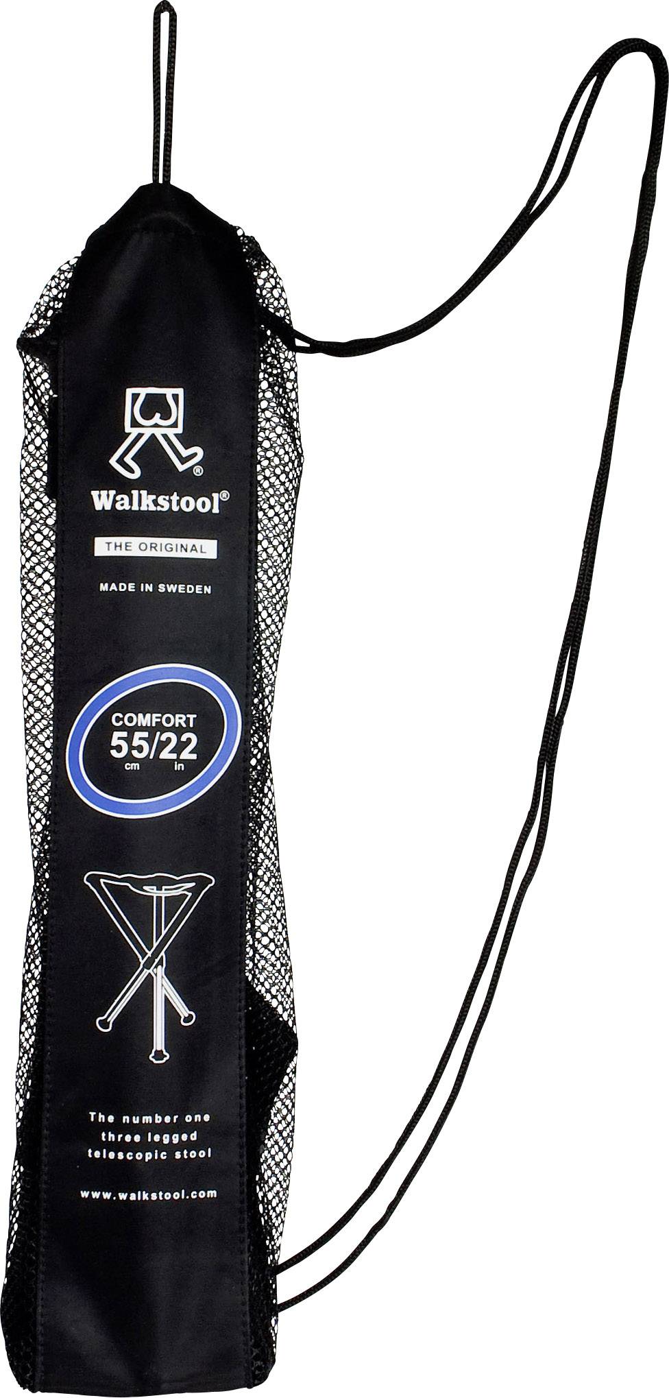 Torba za prenošenje Walkstool-a s natpisom 'Comfort 55/22'. Uključuje sliku sklopive trobedne stolice.