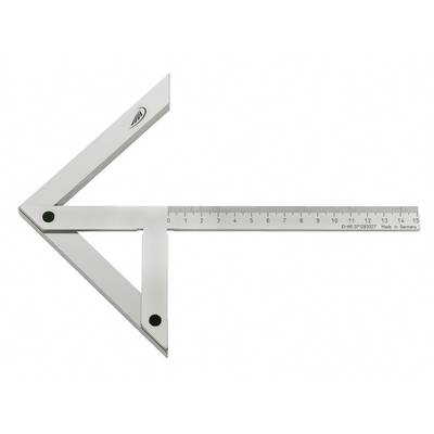 Srebrni kutomjer s integriranom mjernom trakom pokazuje kut od 90 stupnjeva. Desno se nalazi ljestvica od 0 do 15 cm.