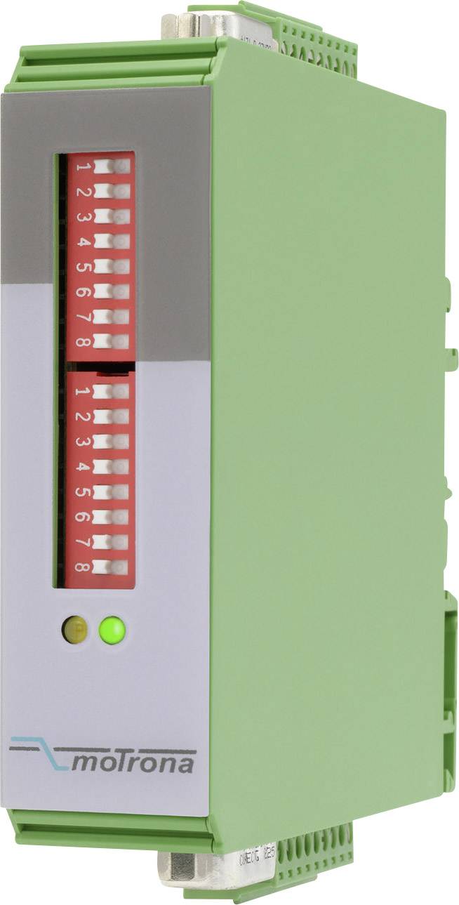 Zeleni elektronički uređaj s crvenim prekidačima, zelenim pozadinskim osvjetljenjem i natpisom 'moTrona'.