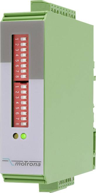 Zeleni elektronički uređaj s crvenim numeričkim prikazom (1-8) i logotipom 'motrona' pri dnu.