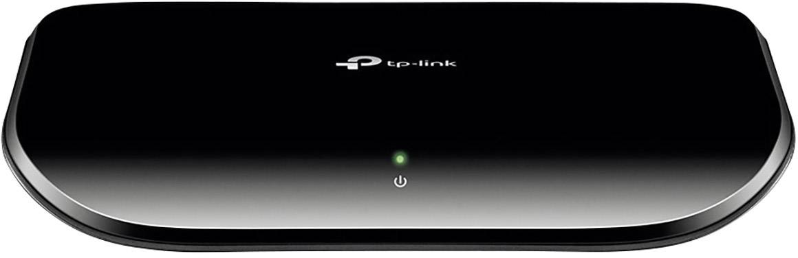 Crni mrežni switch od TP-Linka s osvjetljenom LED indikatorskom lampom na prednjoj strani.